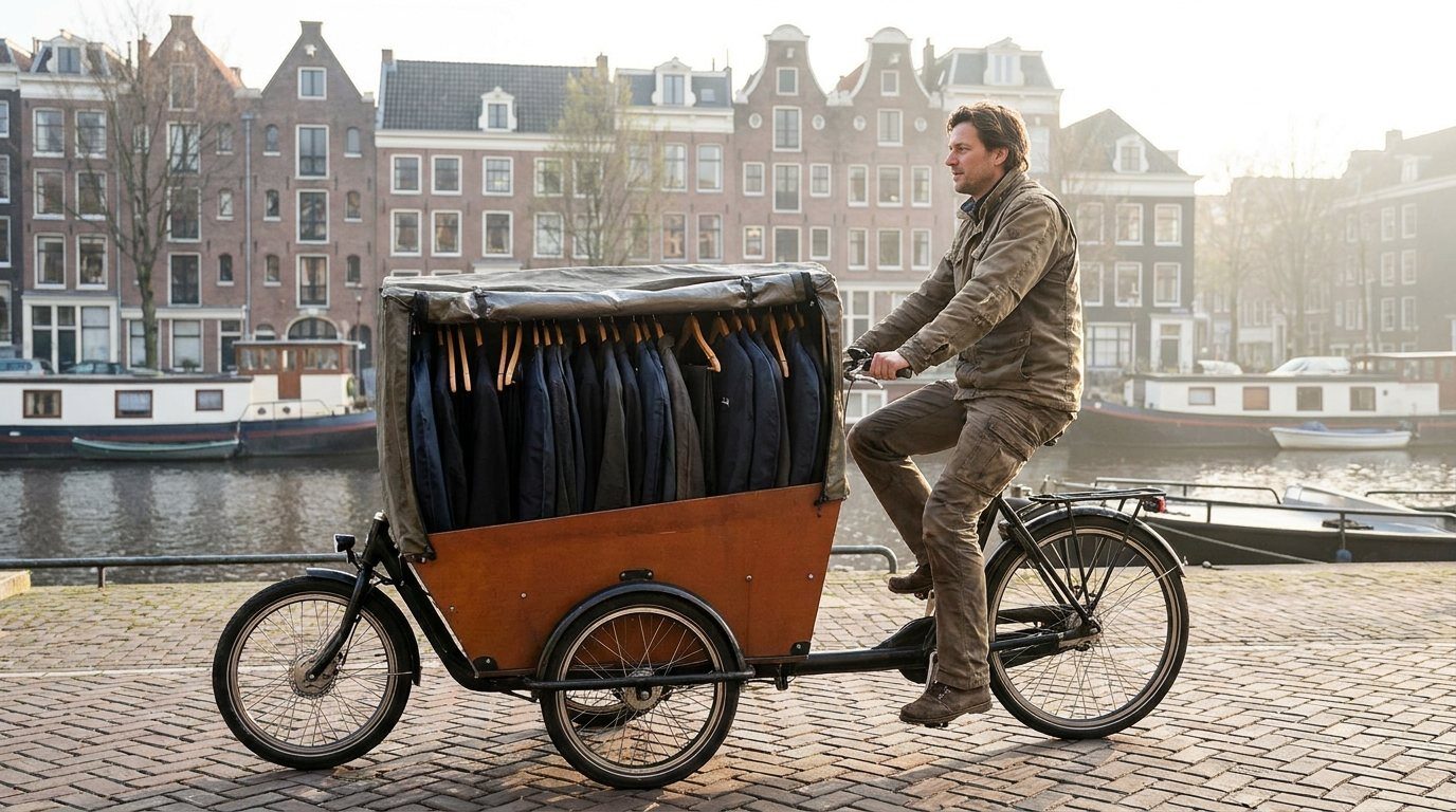 Bakfiets met kleding aan hangers langs een Amsterdamse gracht